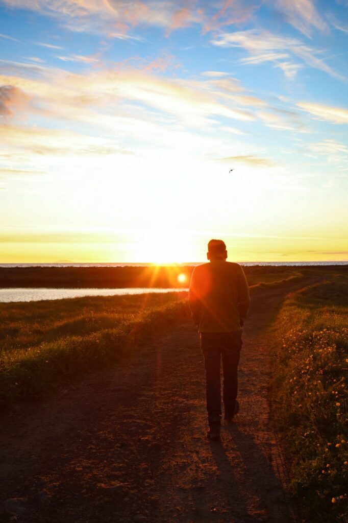 Photo of landscape on westcoast of Iceland, with a sun that will not set. Flooding the field with red an yellow light. Sky is partially clouded and blue. One bird flying. In foreground me seen on the back with shoulders a bit shrugged because the wind was a bit colder than anticipated.